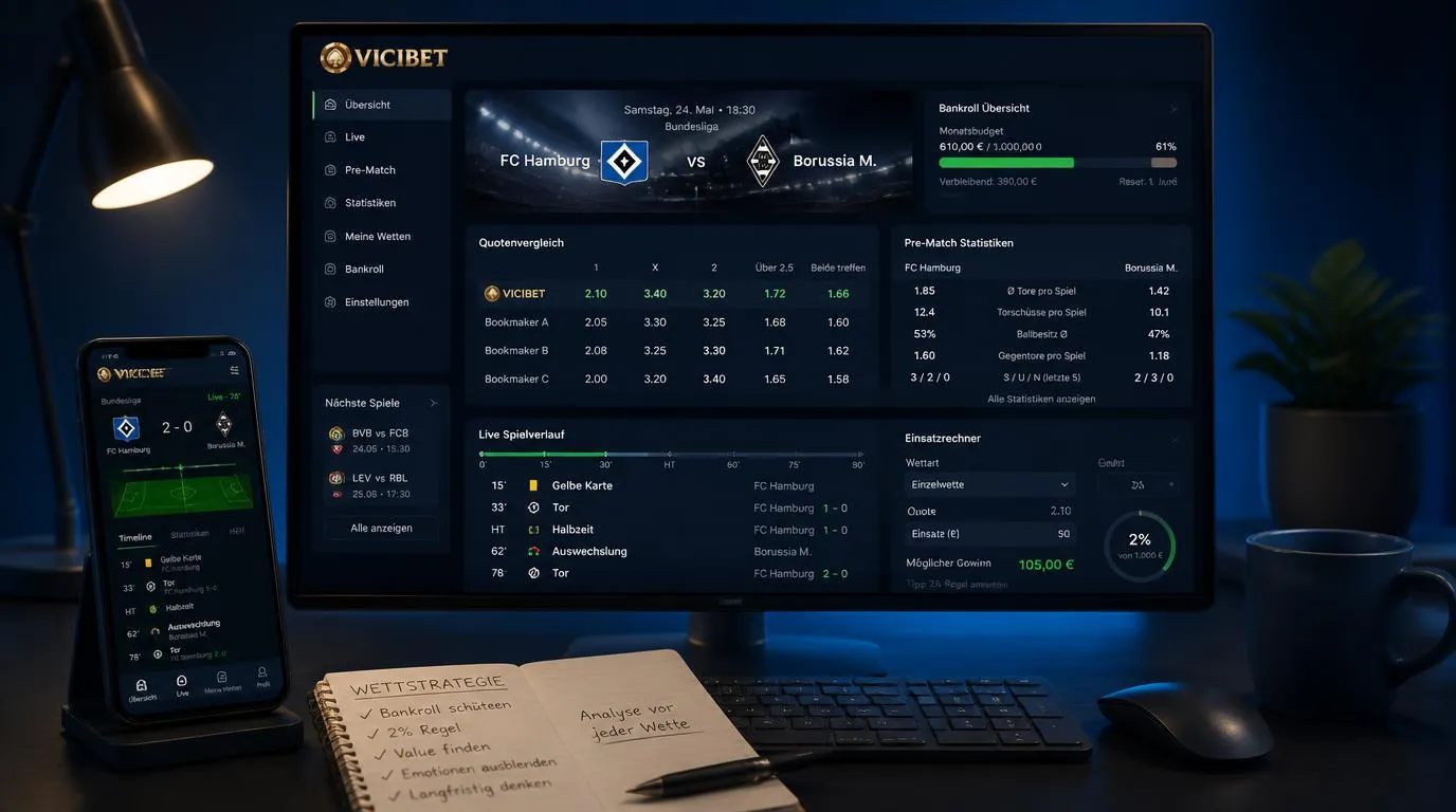 Sportwetten-Analyse mit Quotenvergleich, Spielstatistiken und festem Wettbudget auf einem Bildschirm