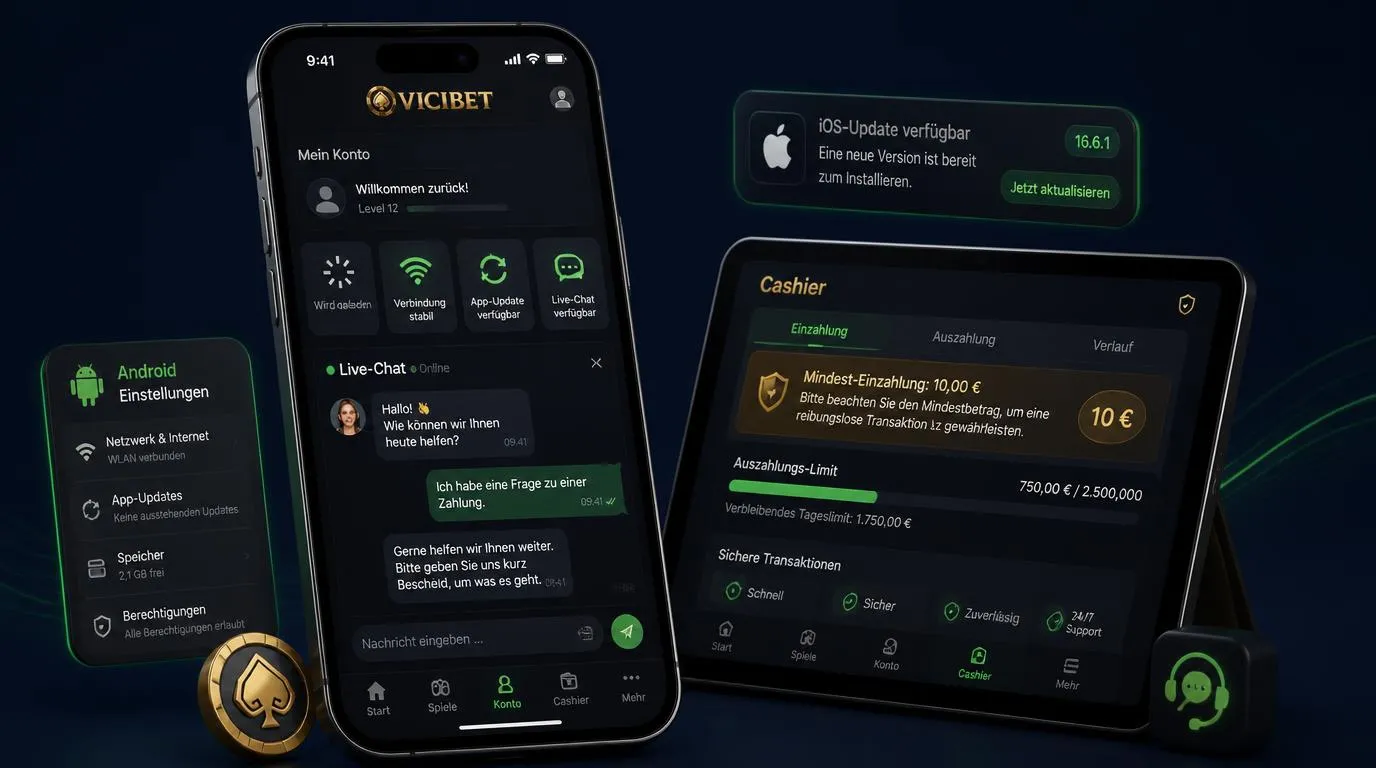 Smartphone mit Casino-App, Ladeanzeige, WLAN-Symbol und geöffnetem Live-Chat für mobile Hilfe