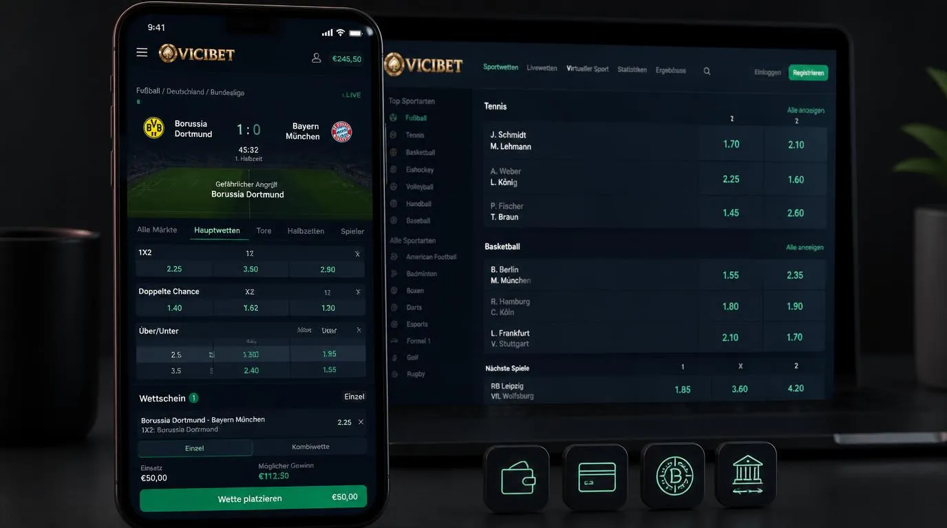 Sportwetten-Oberfläche mit Livequoten, Fußballmärkten, Wettschein und Zahlungsoptionen auf einem Smartphone