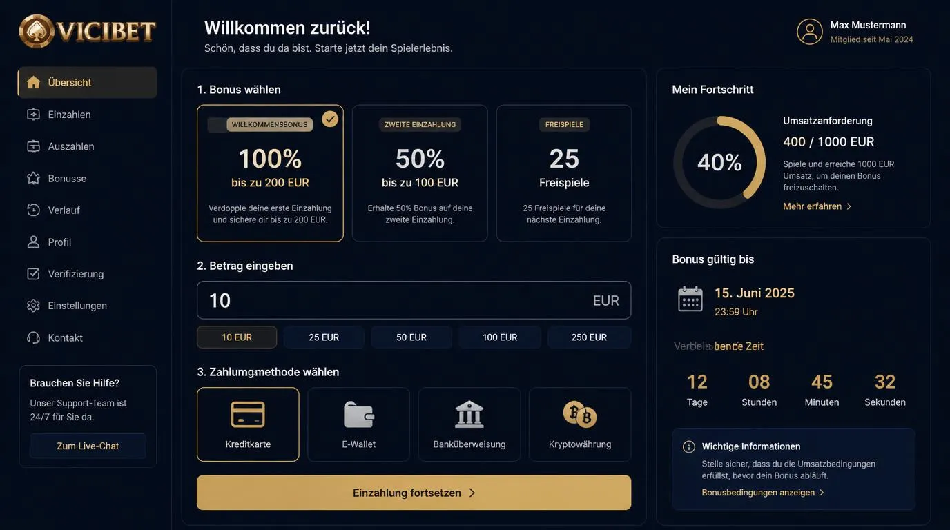 Casino-Kassenbereich mit aktivierter Bonusauswahl, Einzahlung und Anzeige offener Umsatzbedingungen
