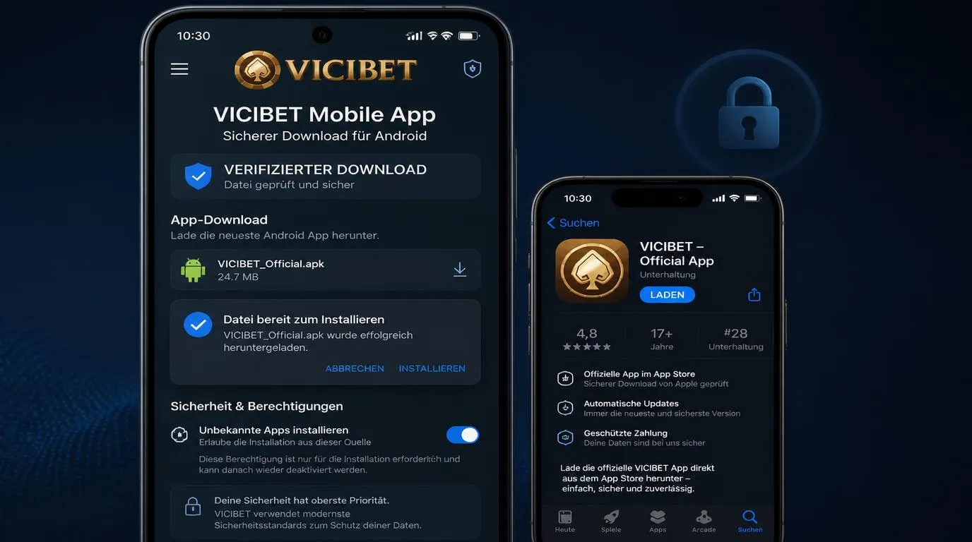 Smartphone mit offizieller Downloadseite, Sicherheitsprüfung und aktivierten App-Berechtigungen