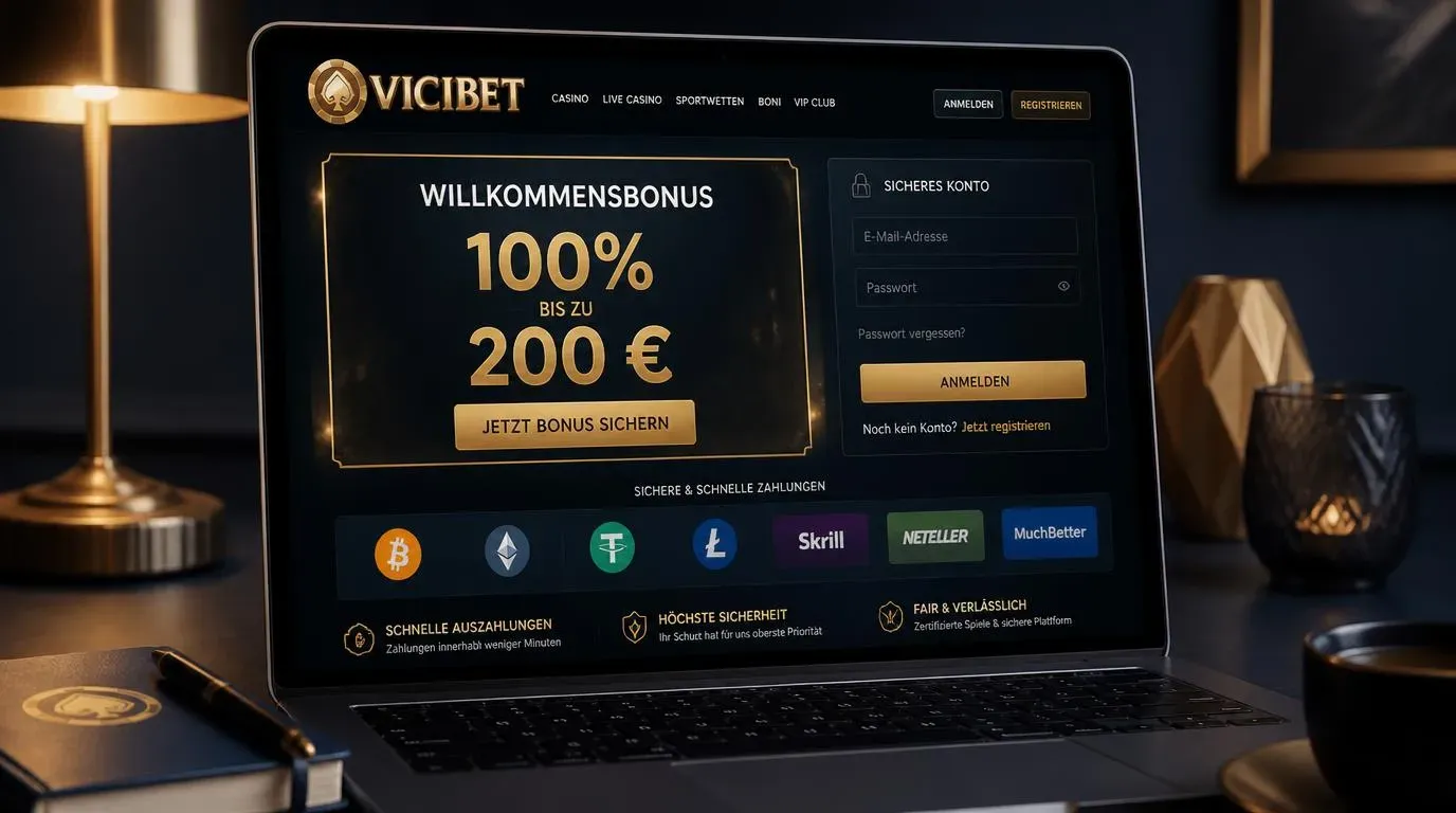 Casino-Bonus auf Laptop mit Bitcoin, E-Wallet-Symbolen und klarer deutscher Benutzeroberfläche