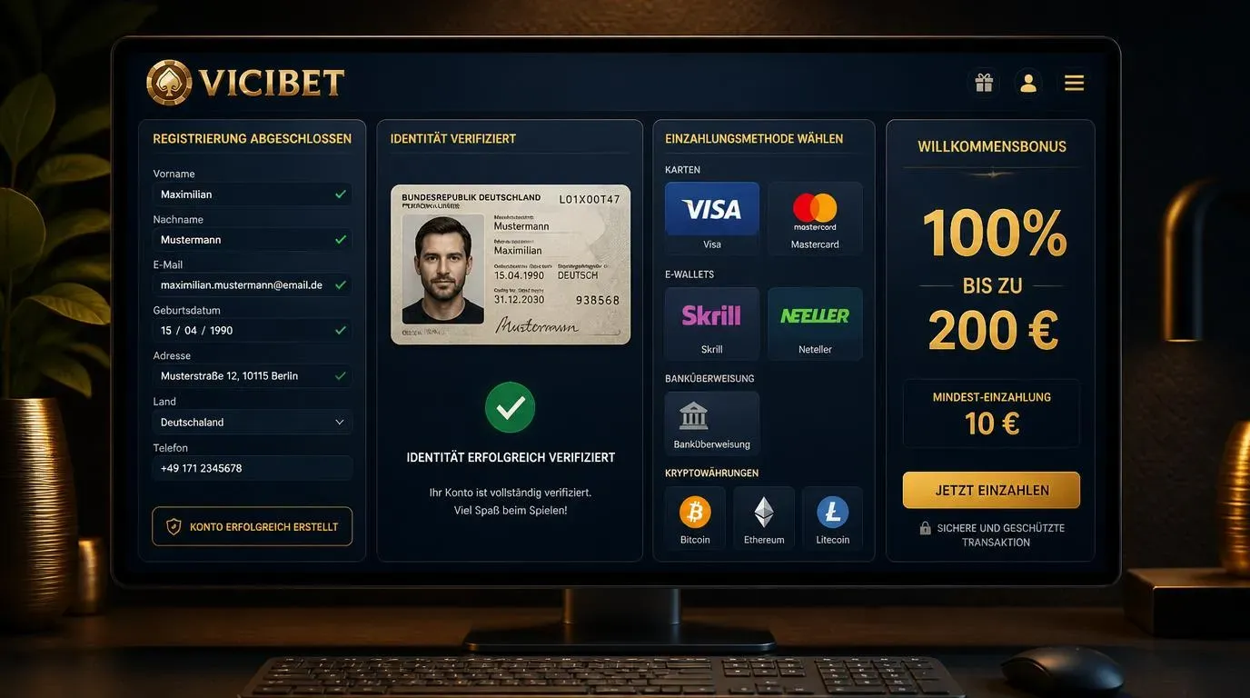 Casino-Kontoansicht mit KYC-Prüfung, Einzahlungsoptionen und Auswahl der Kontowährung
